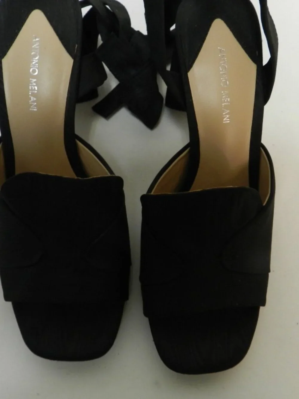 Antonio Melani Size Sz 8.5 Satin on Leather black ankle wrap heels pumps sandals